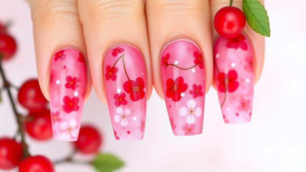 cherry themed watercolor nail art