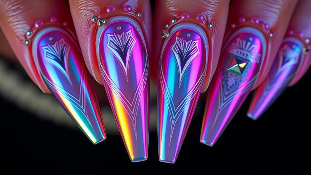 vibrant holographic nail art