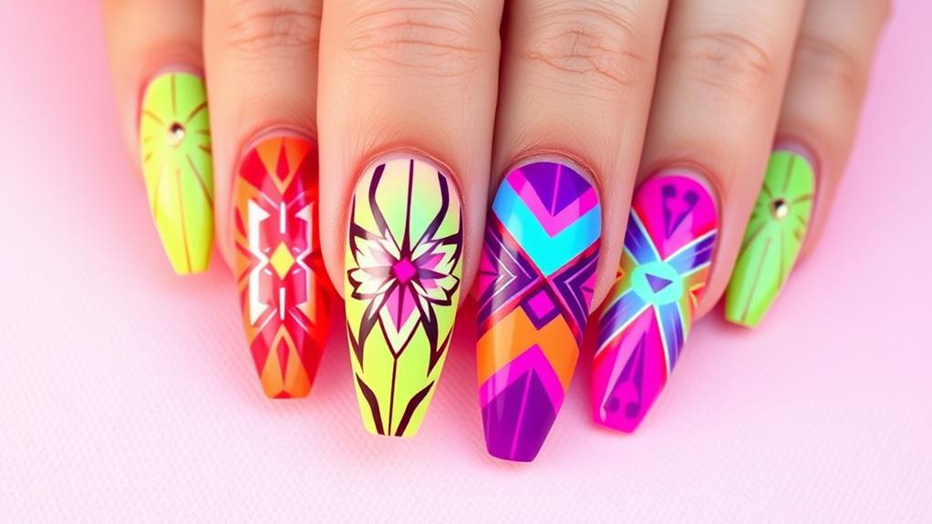 vibrant neon almond nails